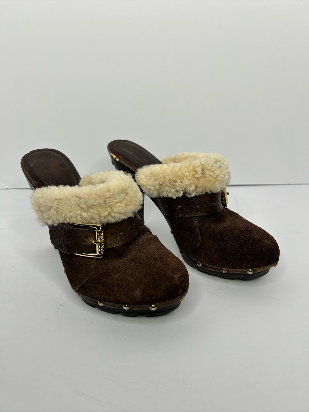 Y2K Michael Kors Brown Suede Shearling Clog Mules - Women's Cozy Slip-On